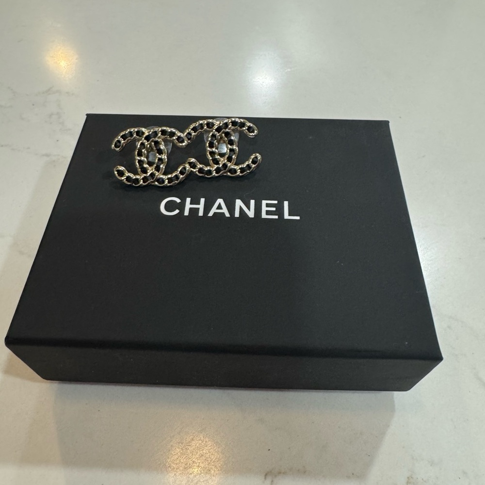 Chanel Black and Gold Lambskin Leather Stud Earrings